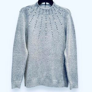 Carolyn Taylor Size L Gray Mock Neck Sweater Embellished Silver/White Pearls